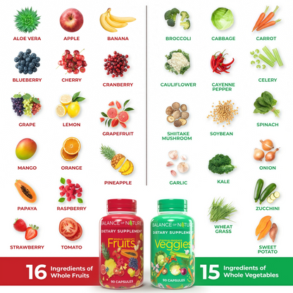 Balance of Nature Fruits & Veggies Supplements - Whole Fruit and Vegetable Ingredients for Women, Men, and Kids - 90 Fruits Capsules, 90 Veggies Capsules - 1 Set