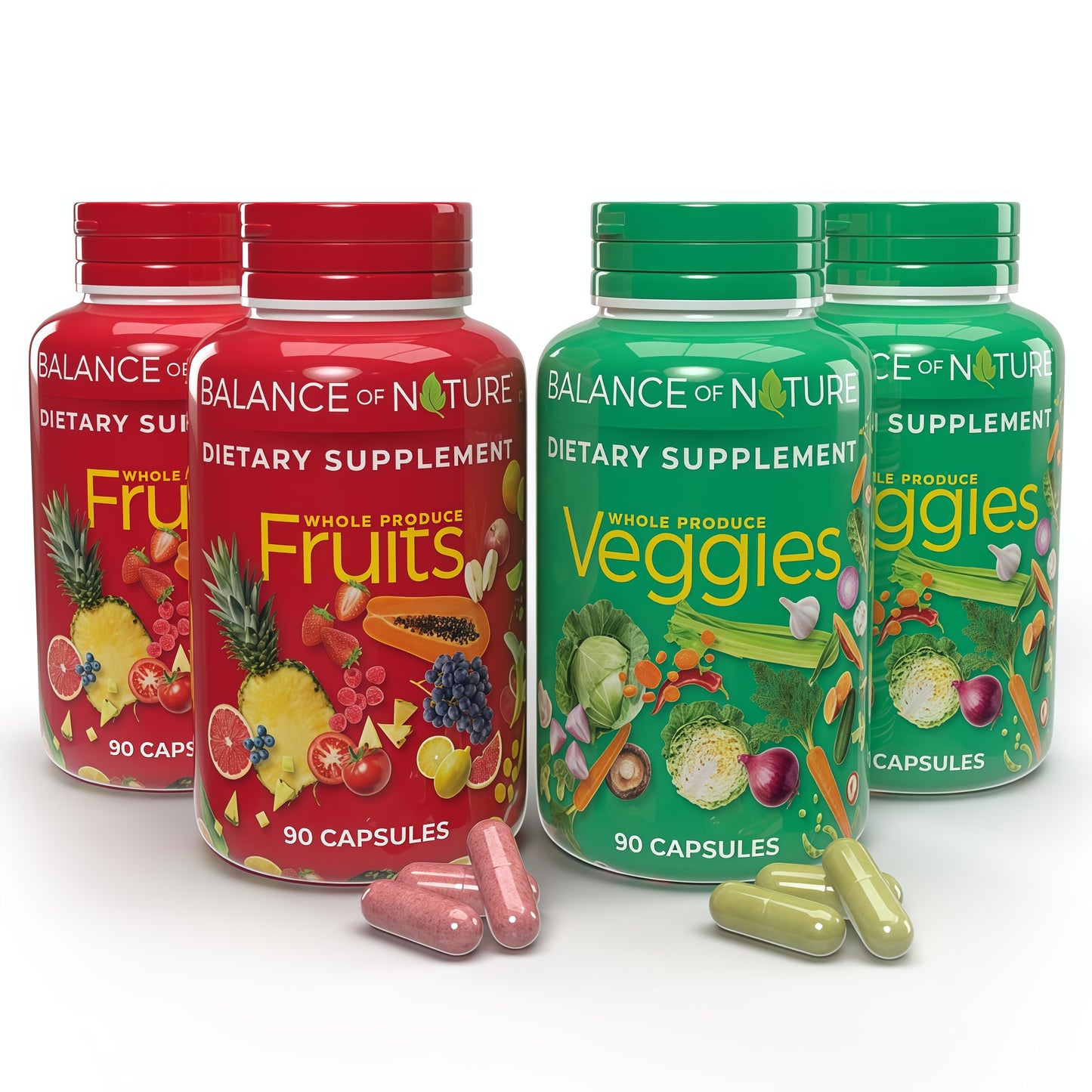 Balance of Nature Fruits & Veggies Supplements - Whole Fruit and Vegetable Ingredients for Women, Men, and Kids - 90 Fruits Capsules, 90 Veggies Capsules - 1 Set
